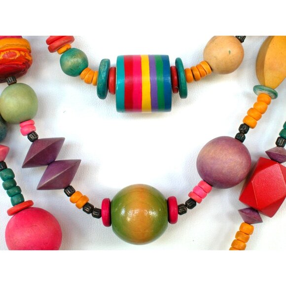 Multicolor Bohemian Style Wooden Beaded Necklace With Metal Accents - Picture 2 of 5